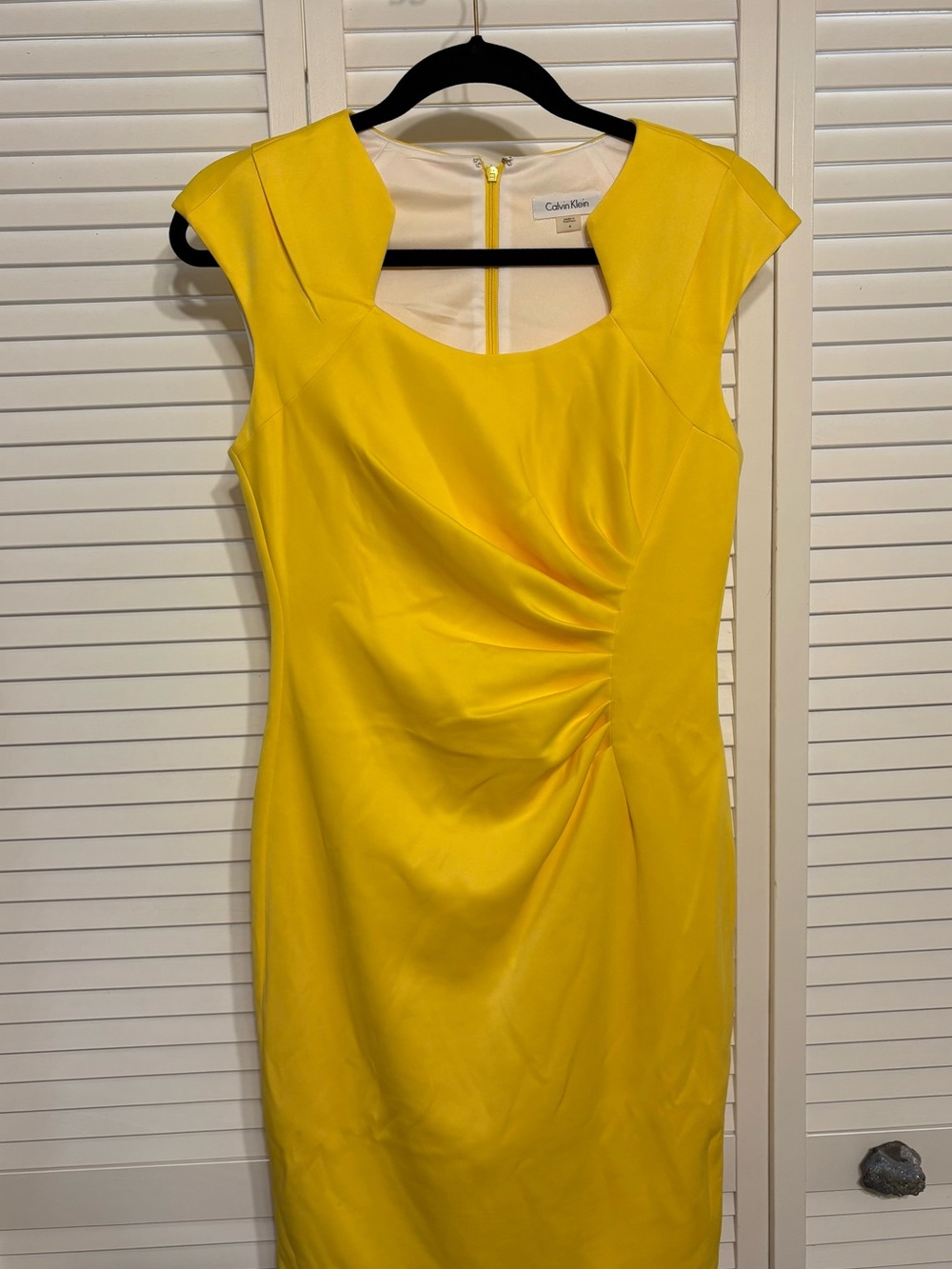 Calvin Klein Bright Yellow Midi Sheath Dress with Side Ruching
